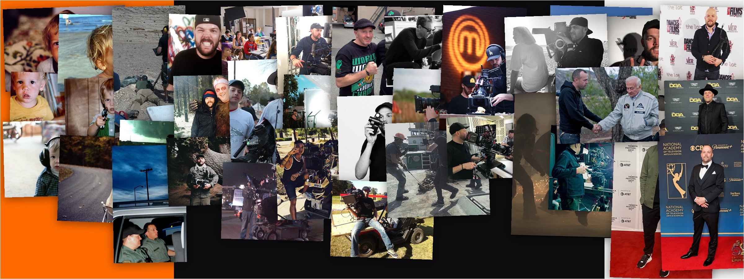 Chronological photo collage of Adrian Pruett — from South Miami childhood through the set years to the Tribeca Festival, DGA Awards, and Daytime Emmys